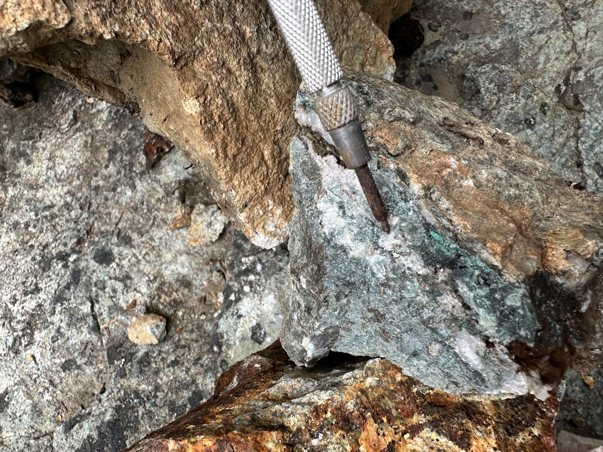 Quartz vein with green copper staining — Owl Creek, July 2026 field program