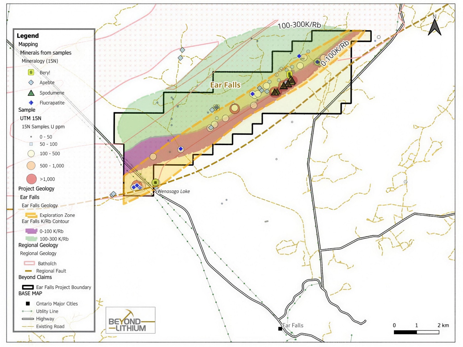 Ear Falls project map — geology, claims and the 13 km exploration corridor