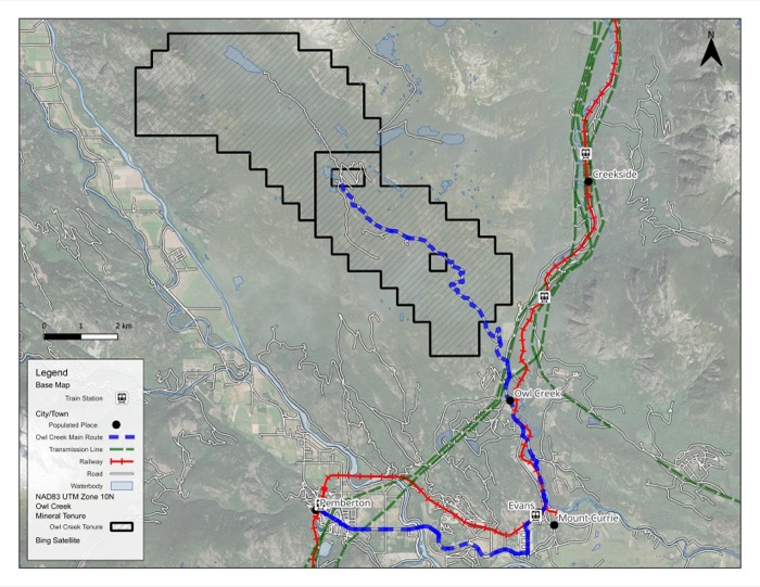 Owl Creek mineral tenure with the main access route, roads, railway and transmission lines