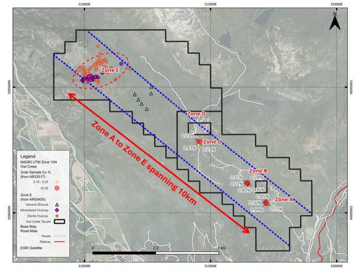 Owl Creek expanded claim map — Zones A to E along the 10 km structural strike