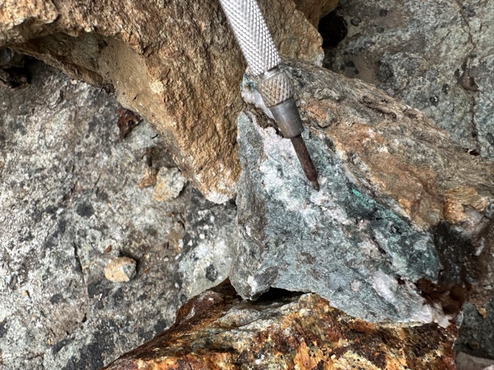 Quartz vein with green copper staining, close-up