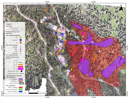 Zone C map — historical drill holes, soil anomalies and 2026 mapping over drone orthophoto (September 2026 release)