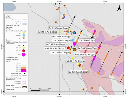 Zone C — 2026 first-pass grab sample results with historical drill holes and soil anomalies (October 2026 release)