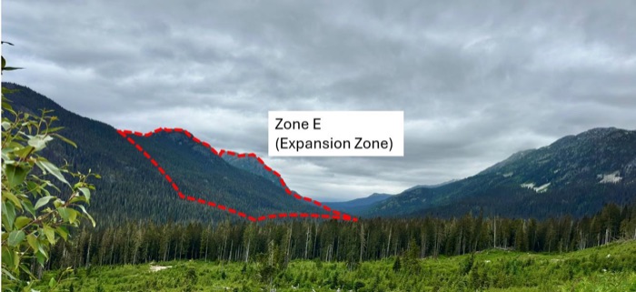 Looking northwest from Zone D at the Zone E expansion claim